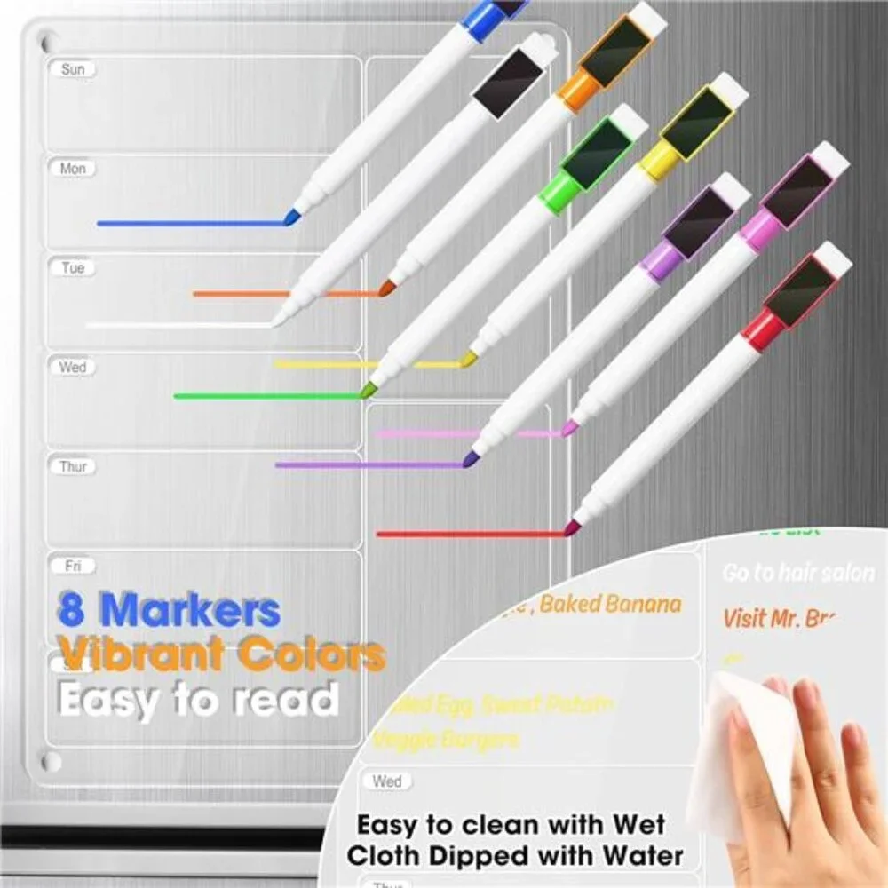 Acrylic Meal Planner Magnetic Menu Board for Kitchen Fridge w/Markers, Clear